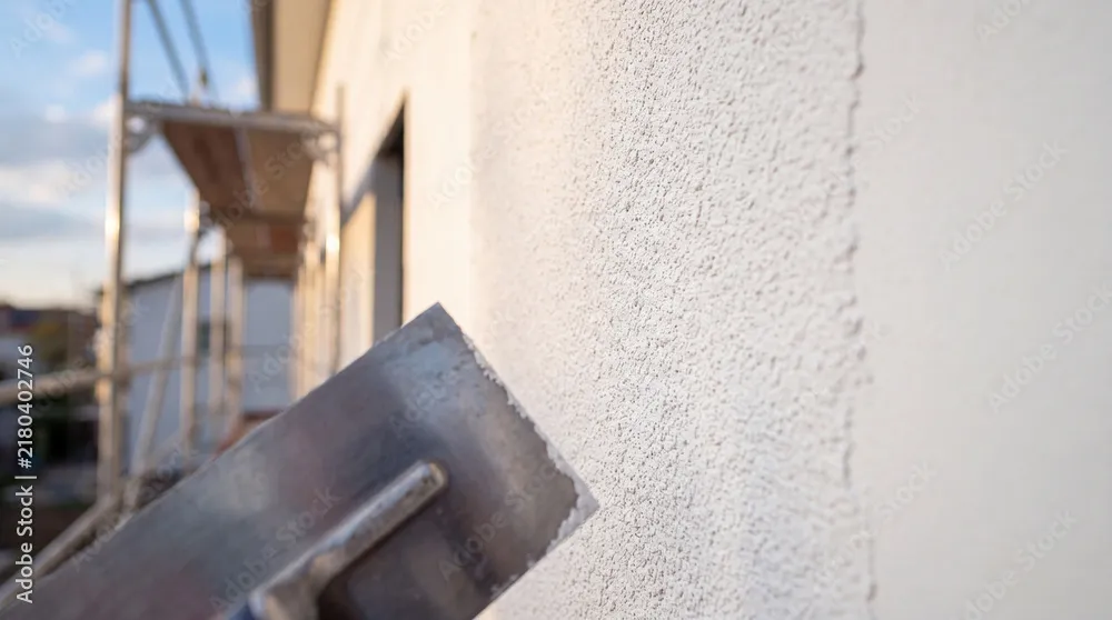 Verputzte Fassade mit Glättkelle vor einem Baugerüst: Ausführung der Putzarbeiten